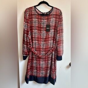 DKNY Dress NWT in Red, White and Navy with Tie Front and Long Sleeves